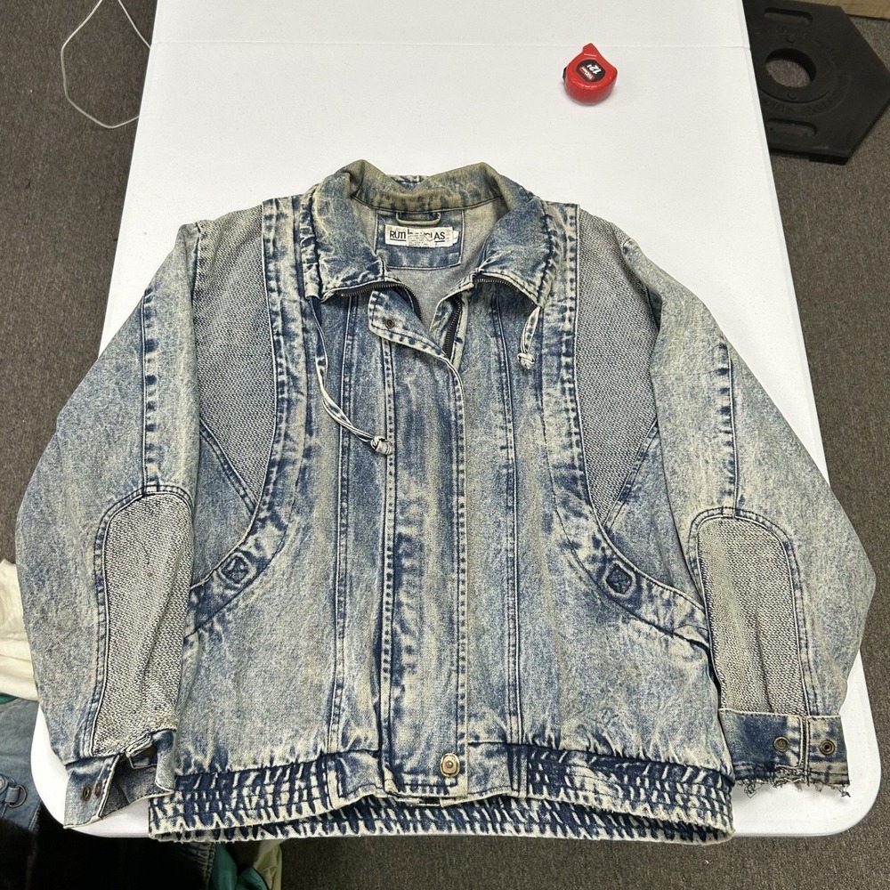 Ruth Douglas Denim Jacket Women L Blue Acid Wash Mesh Panel Vintage 80s Bomber
